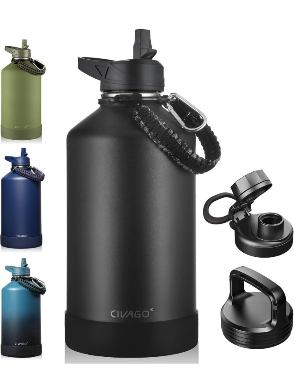 Insulated Stainless Steel Gallon Water Bottle with Straw & 3 Lids - Durable